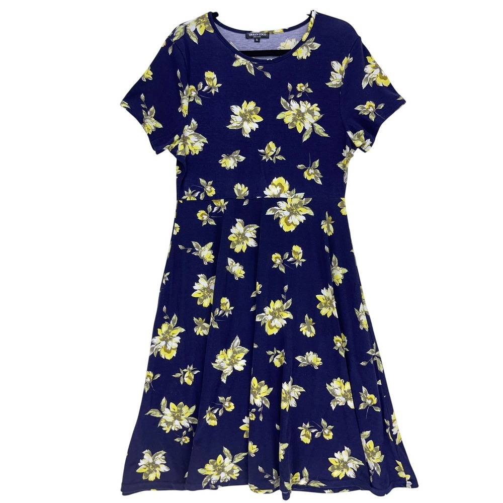 Urban Coco Navy Blue Floral Fit and Flare Dress XL Short Sleeve Empire Waist